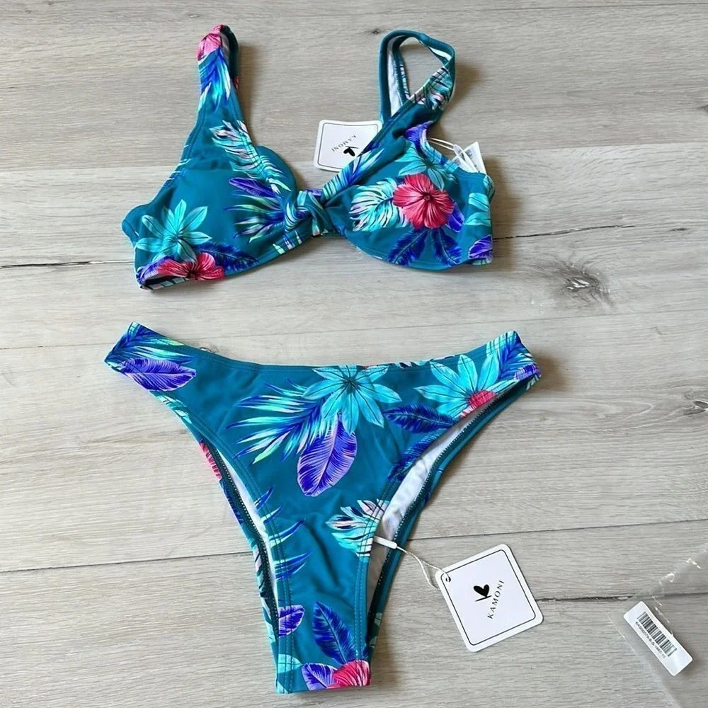 Kamoni Tropical Floral‎ Bikini Set Teal Blue Pink Small New With Tags